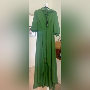 Badgley Mischka Women's Green Pompom-Trim High-Low Shirt-Dress Gown Size 2